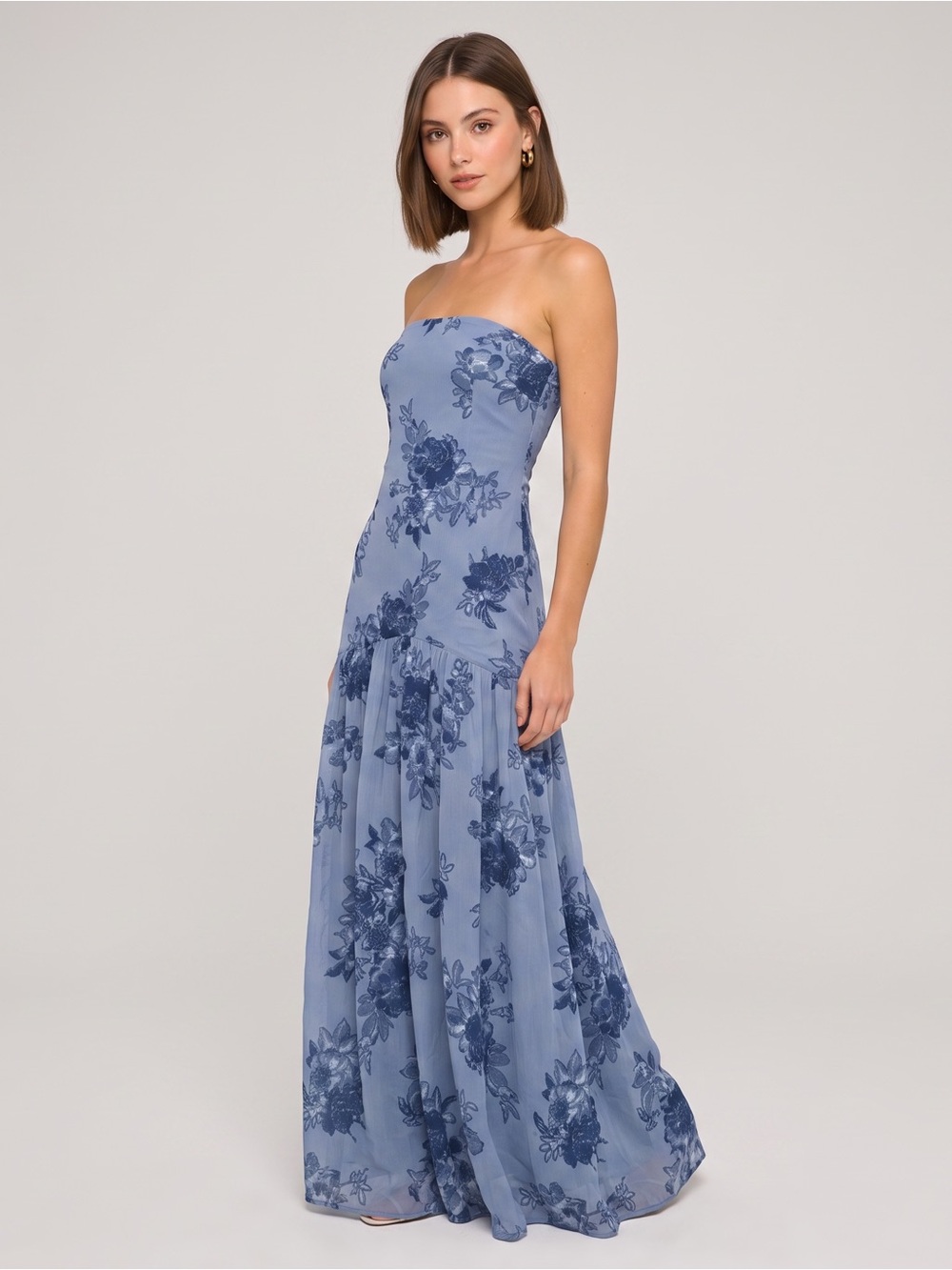 Strapless Dusty Blue Floral Maxi Dress